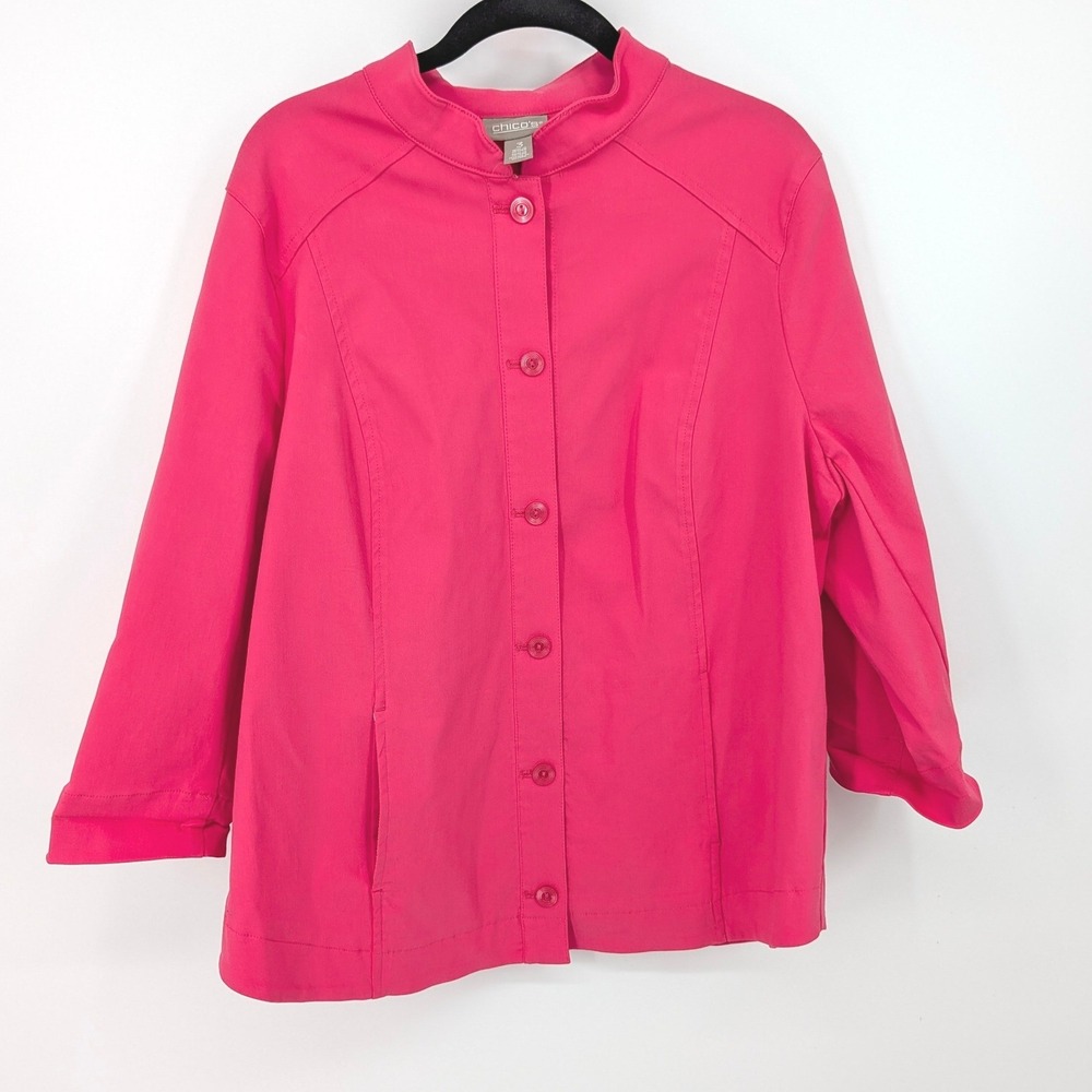 Chicos Blazer Jacket Women XL Pink Mock Neck 3/4 Sleeve Stretch Office Bright